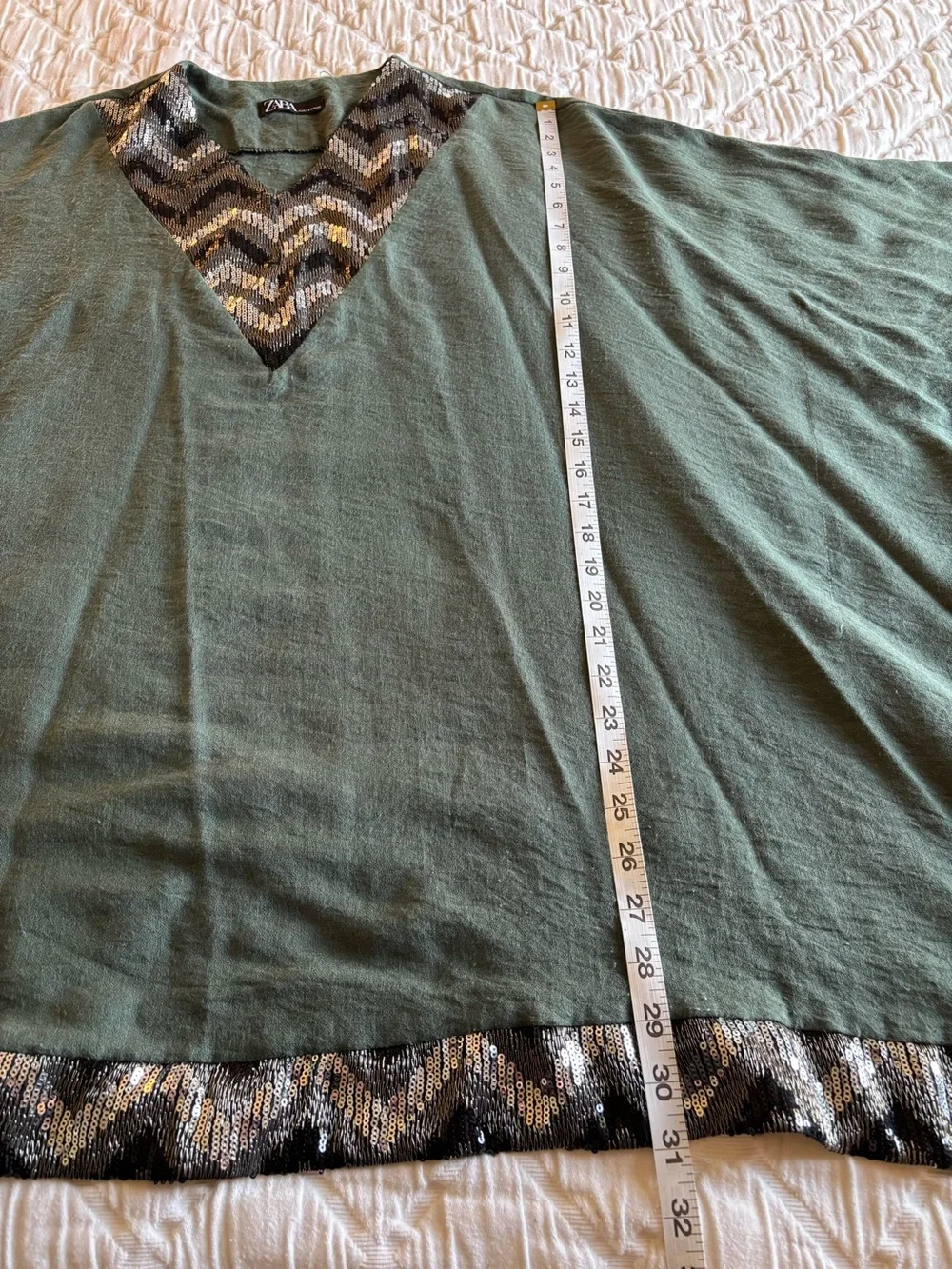 Zara Collection Sequin Chevron Caftan Tunic Poncho‎ Sage Green Oversized